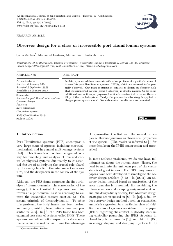 (PDF) Observer design for a class of irreversible port Hamiltonian systems