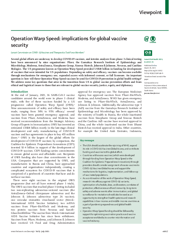 (PDF) Operation Warp Speed: implications for global vaccine security