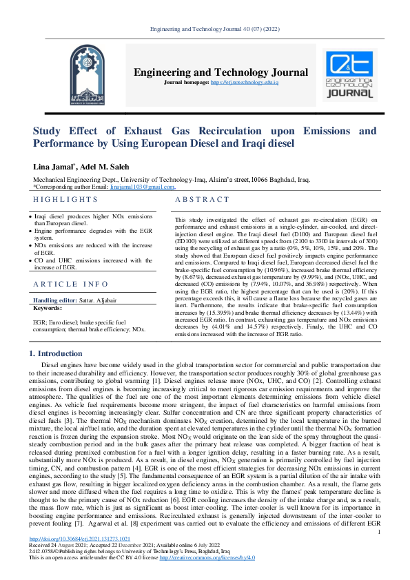 (PDF) Study Effect of Exhaust Gas Recirculation upon Emissions and ...