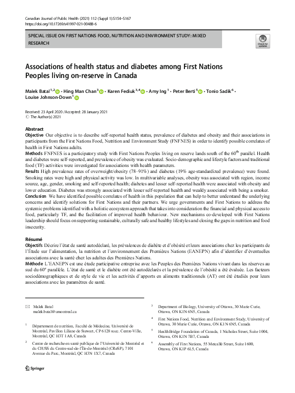 (PDF) Associations of health status and diabetes among First Nations ...