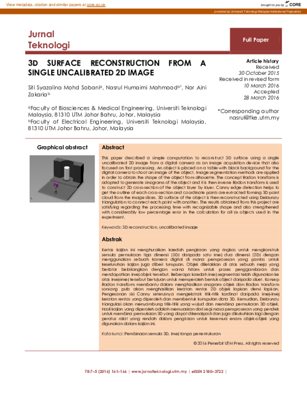 (PDF) 3D Surface Reconstruction from a Single Uncalibrated 2D Image