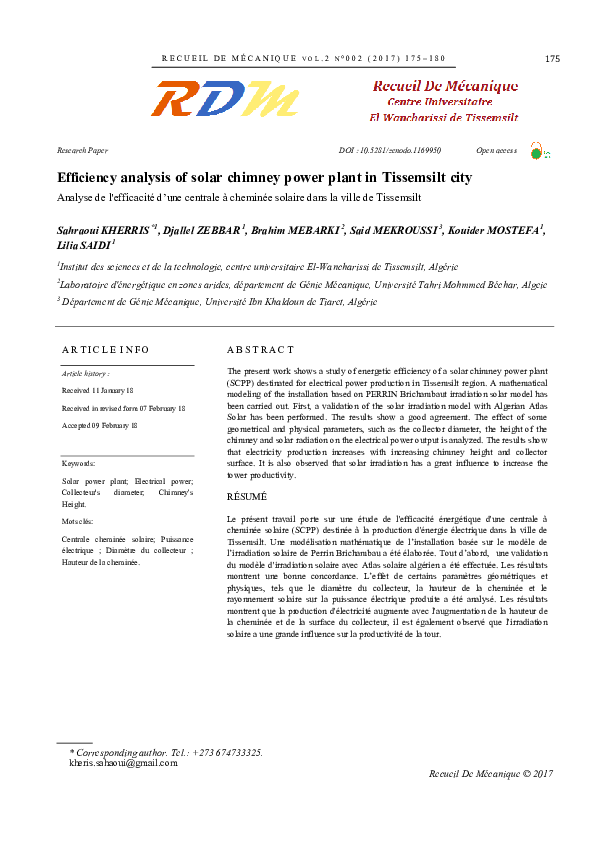 (PDF) Efficiency Analysis Of Solar Chimney Power Plant In Tissemsilt City