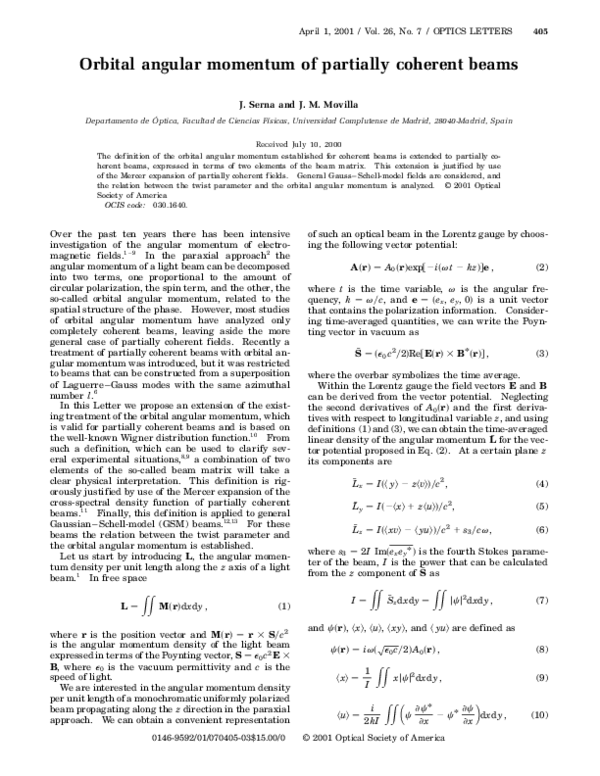 (PDF) Orbital angular momentum of partially coherent beams