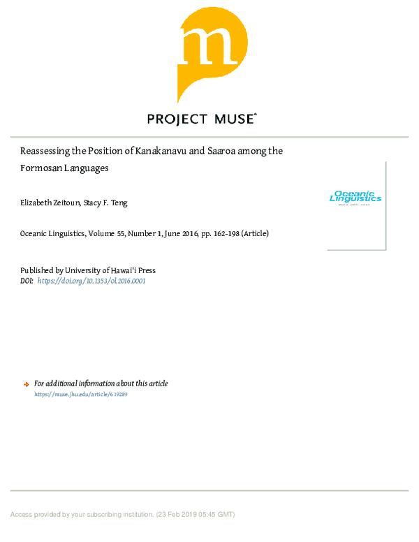 (PDF) Reassessing the Position of Kanakanavu and Saaroa among the ...