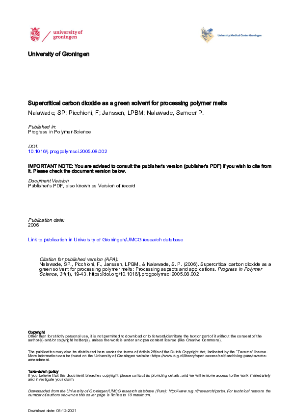 (PDF) Supercritical carbon dioxide as a green solvent for processing ...