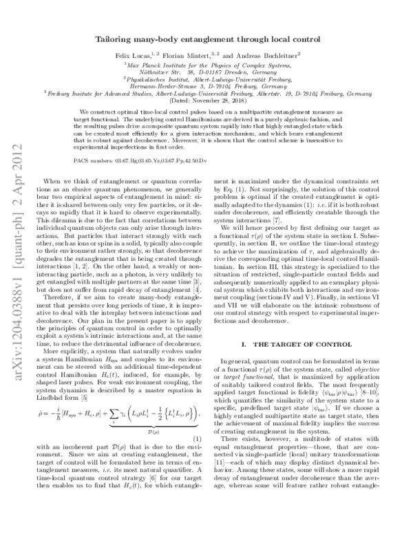 (PDF) Tailoring many-body entanglement through local control