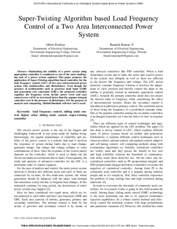 (PDF) Super-Twisting Algorithm based Load Frequency Control of a Two ...