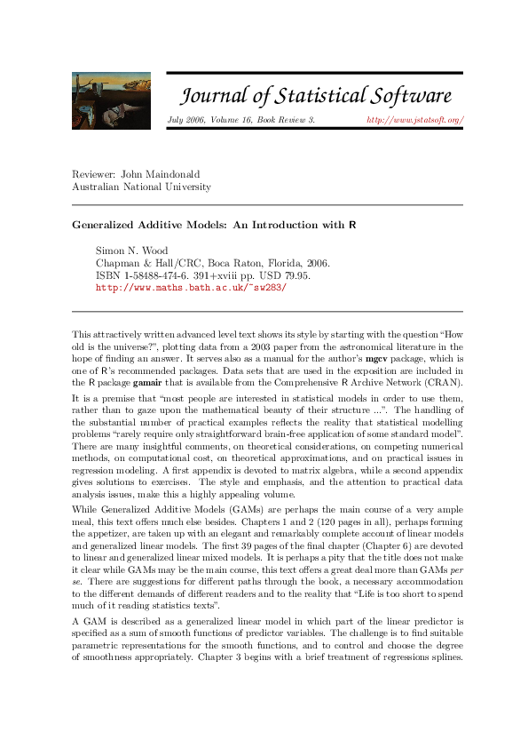 (PDF) Generalized Additive Models: An Introduction with R. by S. N. WOOD
