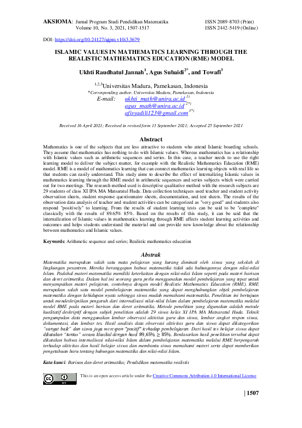 (PDF) Islamic Values in Mathematics Learning Through the Realistic ...