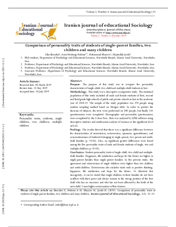 (PDF) Comparison of personality traits of students of single-parent ...