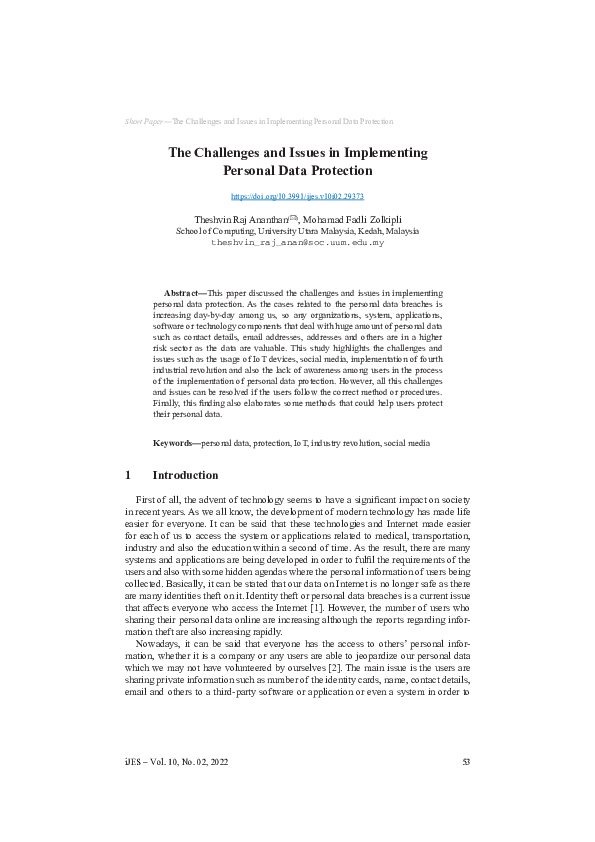 (PDF) Challenges and Issues in Implementing Personal Data Protection