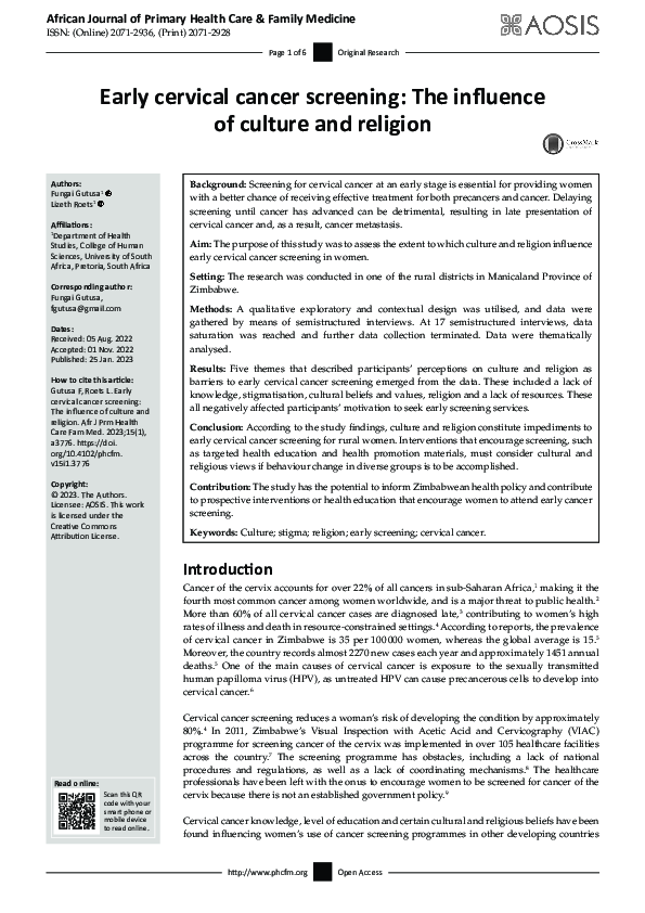 (PDF) Early cervical cancer screening: The influence of culture and ...