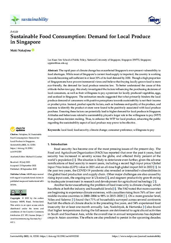 (PDF) Sustainable Food Consumption: Demand for Local Produce in Singapore