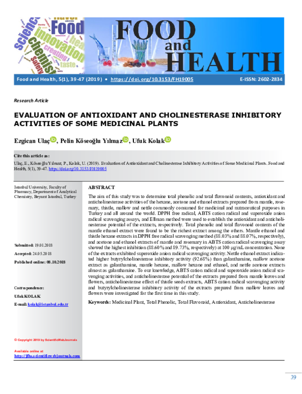 (PDF) Evaluation of Antioxidant and Cholinesterase Inhibitory ...