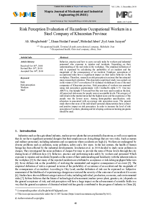 (PDF) Risk Perception Evaluation of Hazardous Occupational Workers in a ...