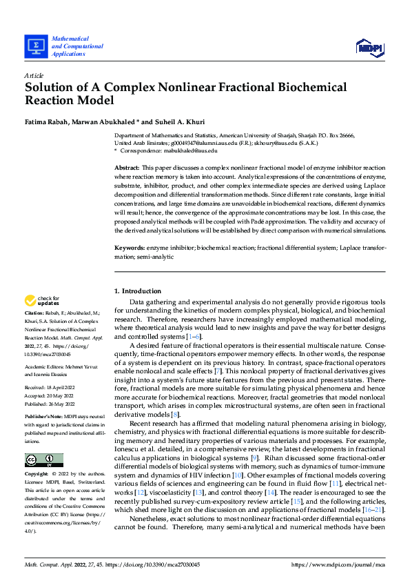 (PDF) Solution of a Complex Nonlinear Fractional Biochemical Reaction Model