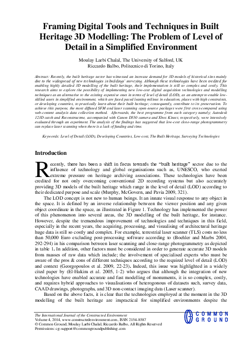 (PDF) Framing Digital Tools and Techniques in Built Heritage 3D Modelling