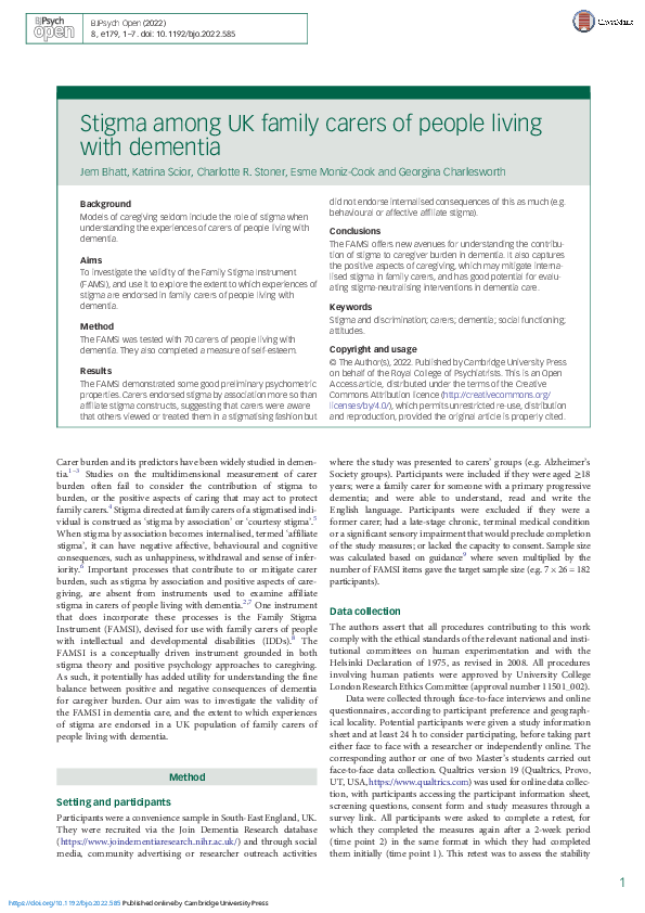 (PDF) Stigma among UK family carers of people living with dementia