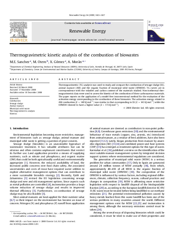 (PDF) Thermogravimetric kinetic analysis of the combustion of biowastes