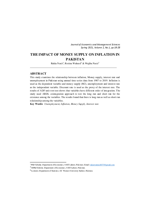 (PDF) The Impact of Money Supply on Inflation in Pakistan