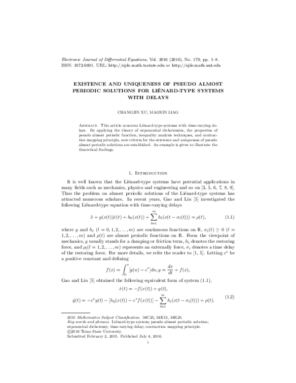 (PDF) Existence and uniqueness of pseudo almost periodic solutions to ...