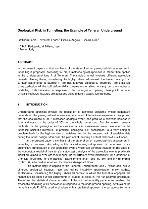 (PDF) Geological Risk in Tunneling: the Example of Teheran Underground