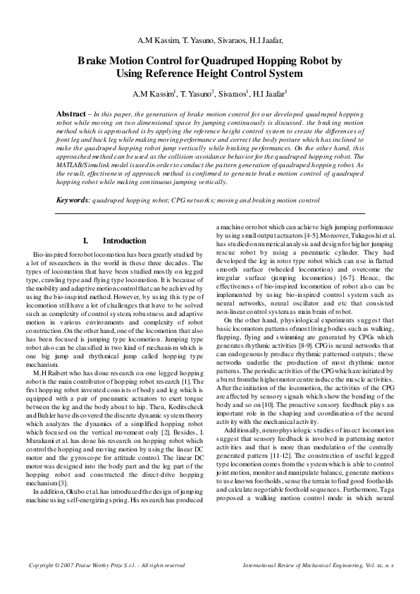 (PDF) Brake Motion Control for Quadruped Hopping Robot by Using ...
