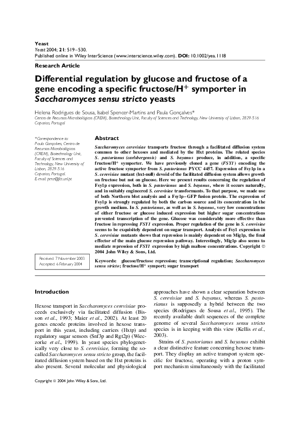 (PDF) Differential regulation by glucose and fructose of a gene ...