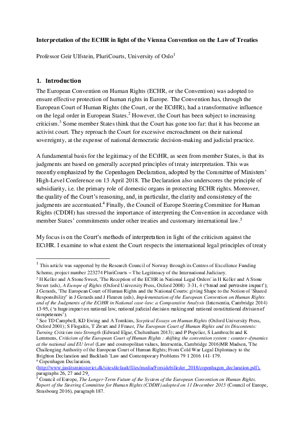 (PDF) Interpretation of the ECHR in light of the Vienna Convention on ...