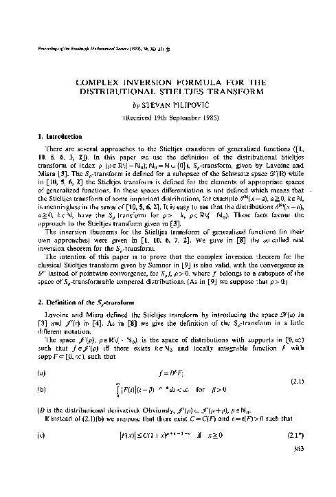 (PDF) Complex inversion formula for the distributional Stieltjes transform