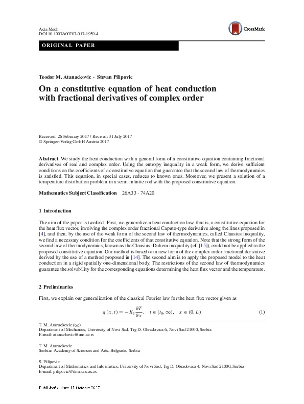 (PDF) On a constitutive equation of heat conduction with fractional ...