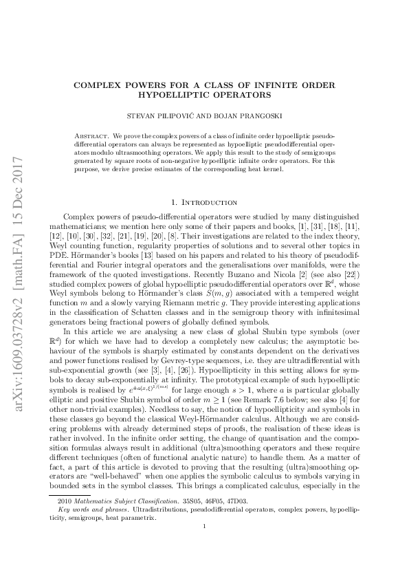 (PDF) Complex powers for a class of infinite order hypoelliptic operators