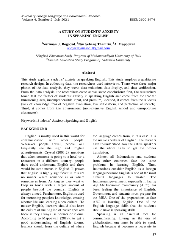(PDF) A STUDY ON STUDENTS' ANXIETY IN SPEAKING ENGLISH