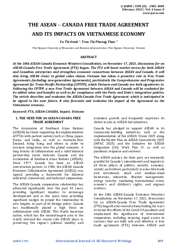 (PDF) THE ASEAN -CANADA FREE TRADE AGREEMENT AND ITS IMPACTS ON ...