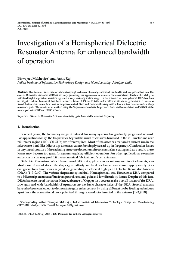 (PDF) Investigation of a Hemispherical Dielectric Resonator Antenna for ...