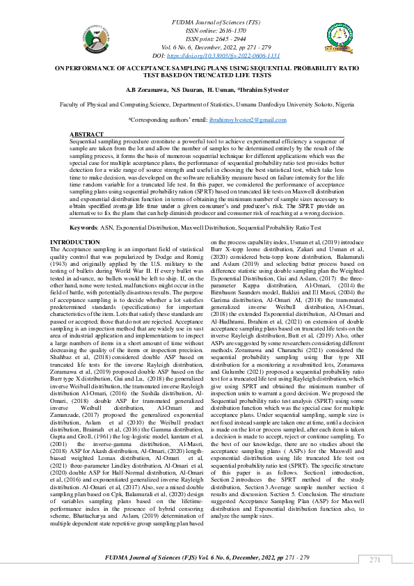 (PDF) On Performance of Acceptance Sampling Plans Using Sequential ...