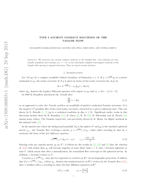 (PDF) Type I ancient compact solutions of the Yamabe flow