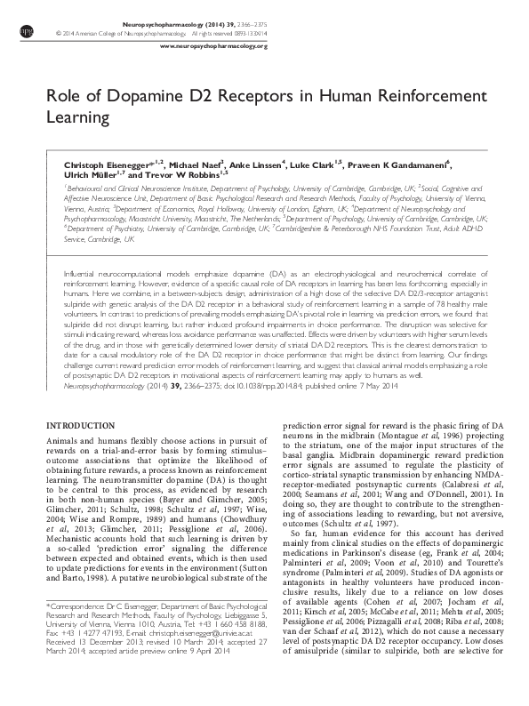 (PDF) Role of Dopamine D2 Receptors in Human Reinforcement Learning