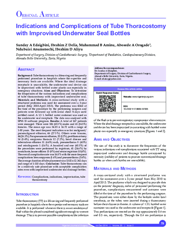 (PDF) Indications and complications of tube thoracostomy with