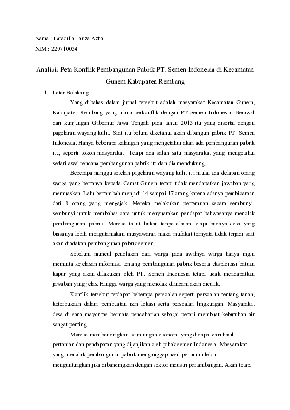 (DOC) Analisis Peta Konflik Pembangunan Pabrik PT. Semen Indonesia di ...
