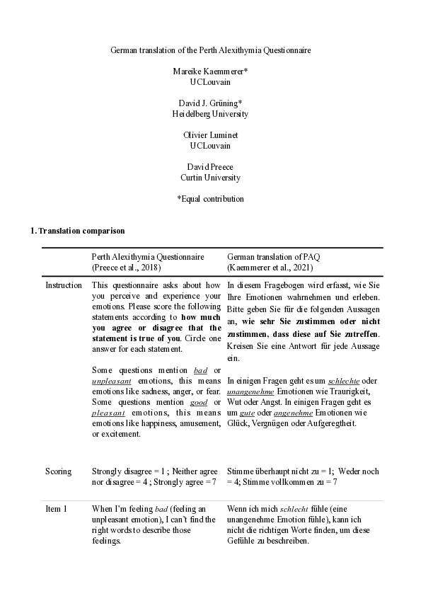(PDF) German translation of the Perth Alexithymia Questionnaire