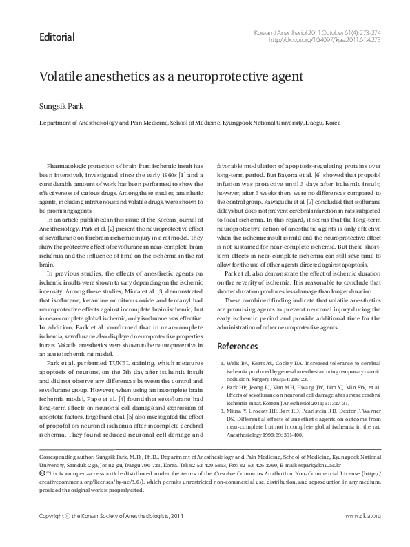 (PDF) Volatile anesthetics as a neuroprotective agent