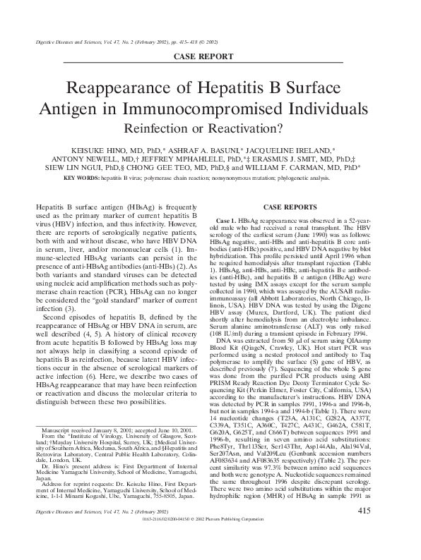 (PDF) CASE REPORT: Reappearance of Hepatitis B Surface Antigen in ...