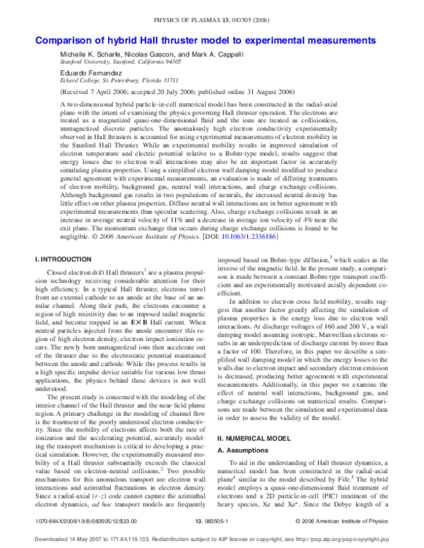 (PDF) Comparison of hybrid Hall thruster model to experimental measurements