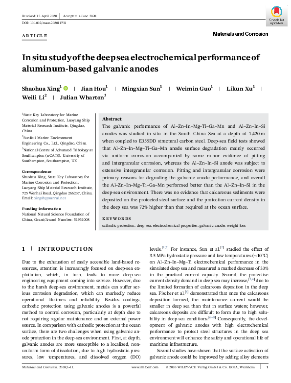 (PDF) In situ study of the deep sea electrochemical performance of ...