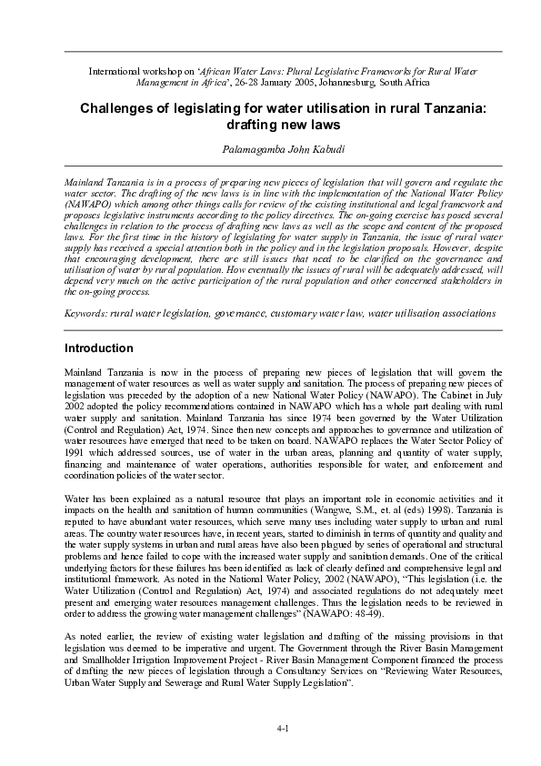 (PDF) Challenges of legislating for water utilization in rural Tanzania ...