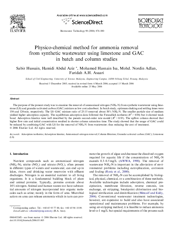 (PDF) Physico-chemical method for ammonia removal from synthetic ...
