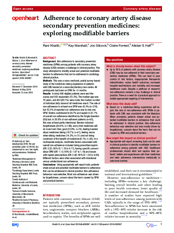 (PDF) Adherence to coronary artery disease secondary prevention ...