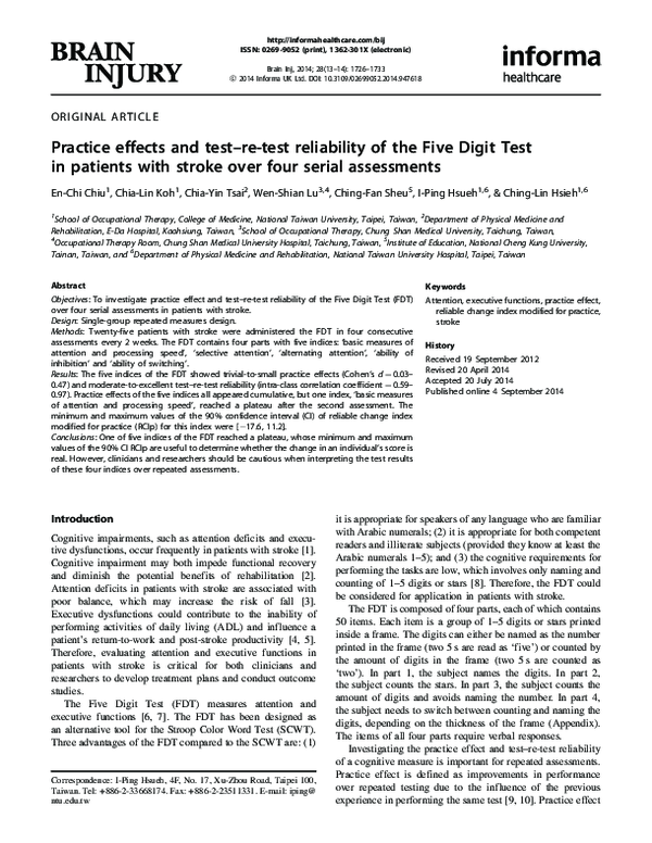 (PDF) Practice effects and test–re-test reliability of the Five Digit ...