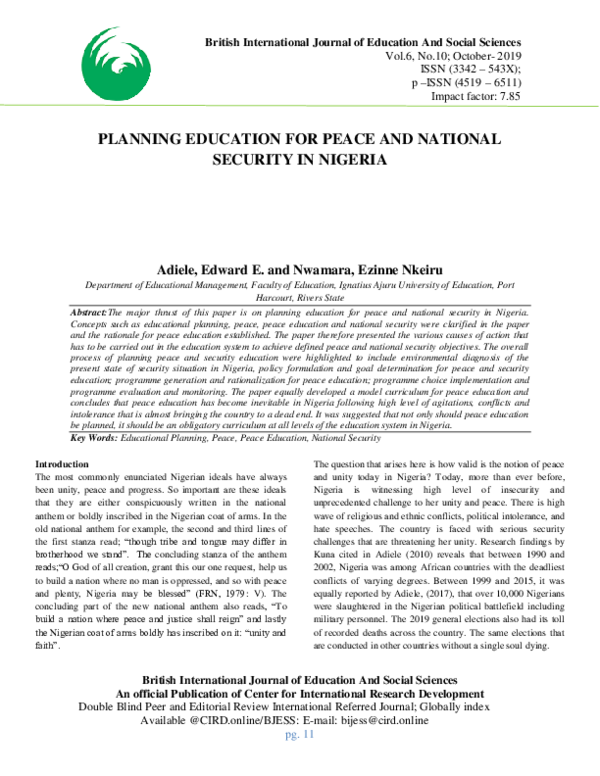 (PDF) PLANNING EDUCATION FOR PEACE AND NATIONAL SECURITY IN NIGERIA